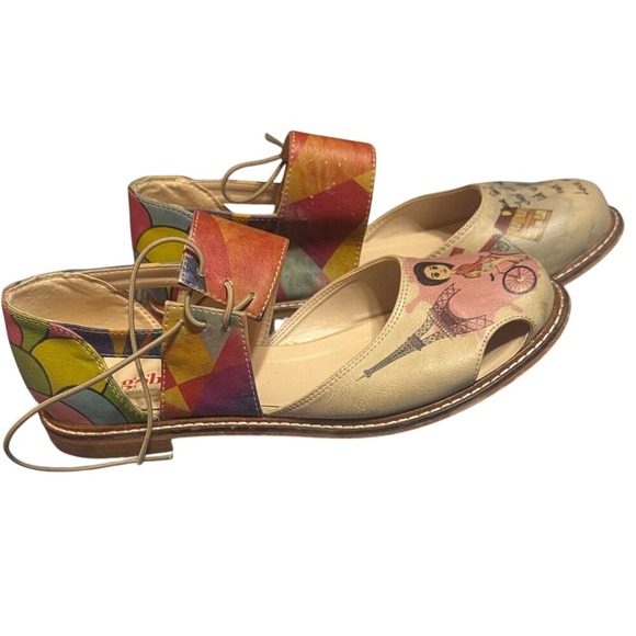 Goby Paris Illustration Leather Lace Up‎ Peep Toe Flats Multicolor EU 38 - Picture 2 of 9